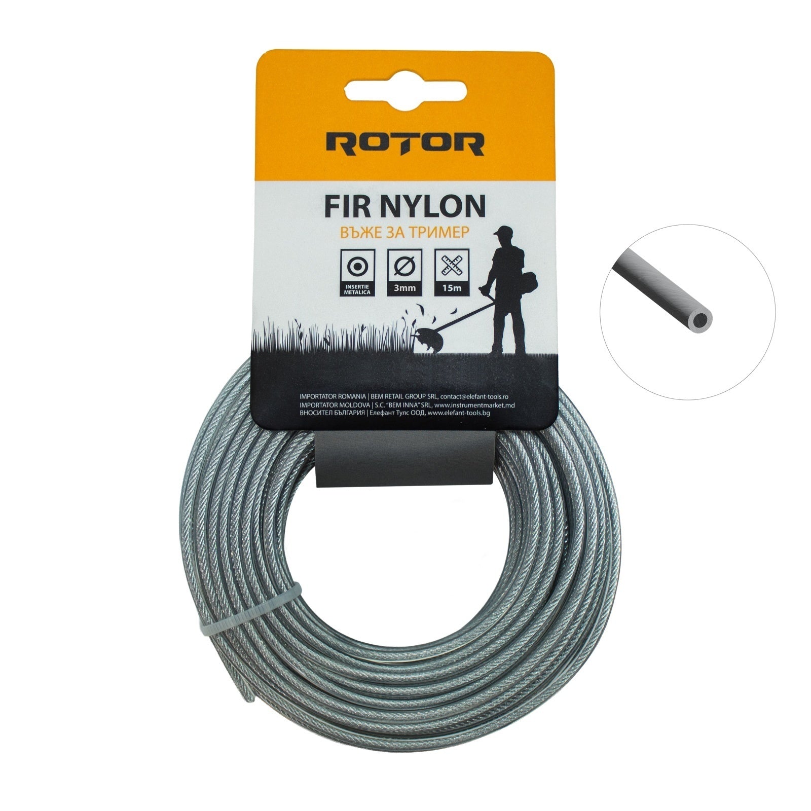 Fir nylon cu inserție oțel, profil rotund 3 mm x 15 m pentru motocoasă ROTOR