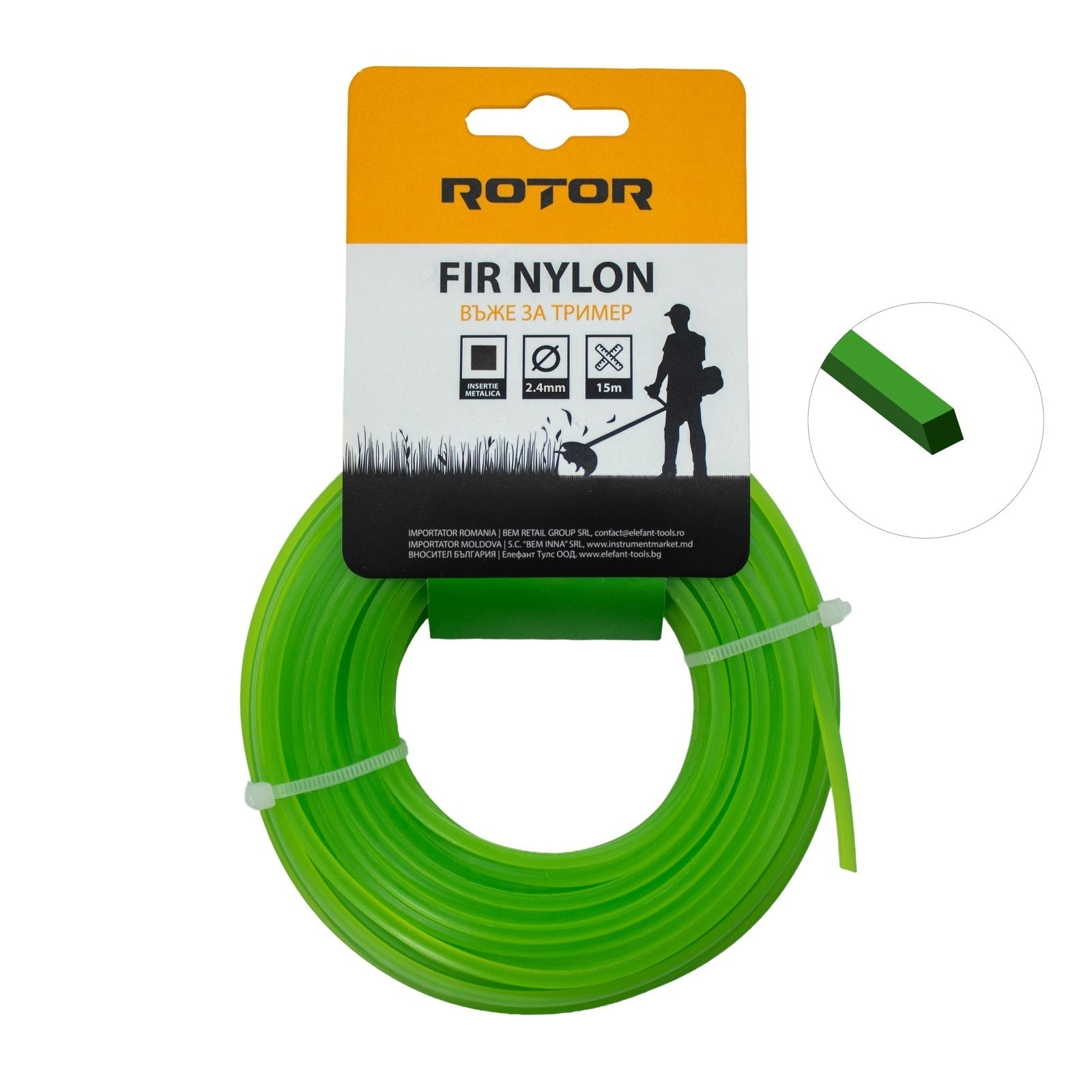 Fir nylon profil pătrat 2,4 mm x 15 m pentru motocoasă ROTOR