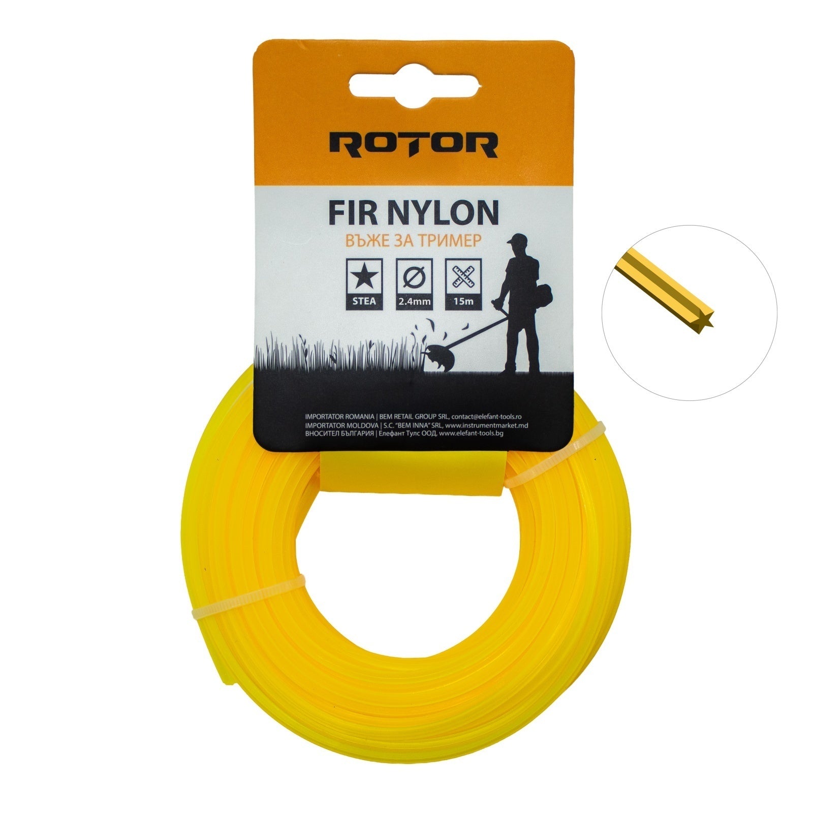 Fir nylon profil stea 2,4 mm x 15 m pentru motocoasă ROTOR