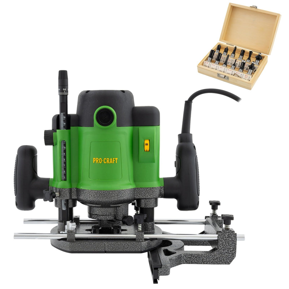 Freza Procraft POB2400, 2000W, 23000 rpm, adancime 0-50 mm, set 12 freze