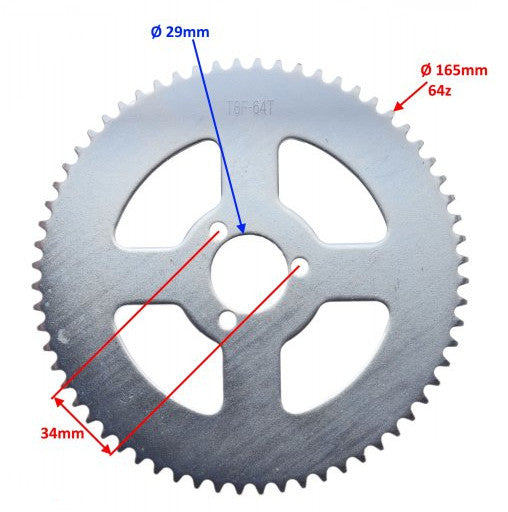 Fulie transmisie ATV Pocket Bike, 64 dinti, 140 mm, lant T8F - vedere spate