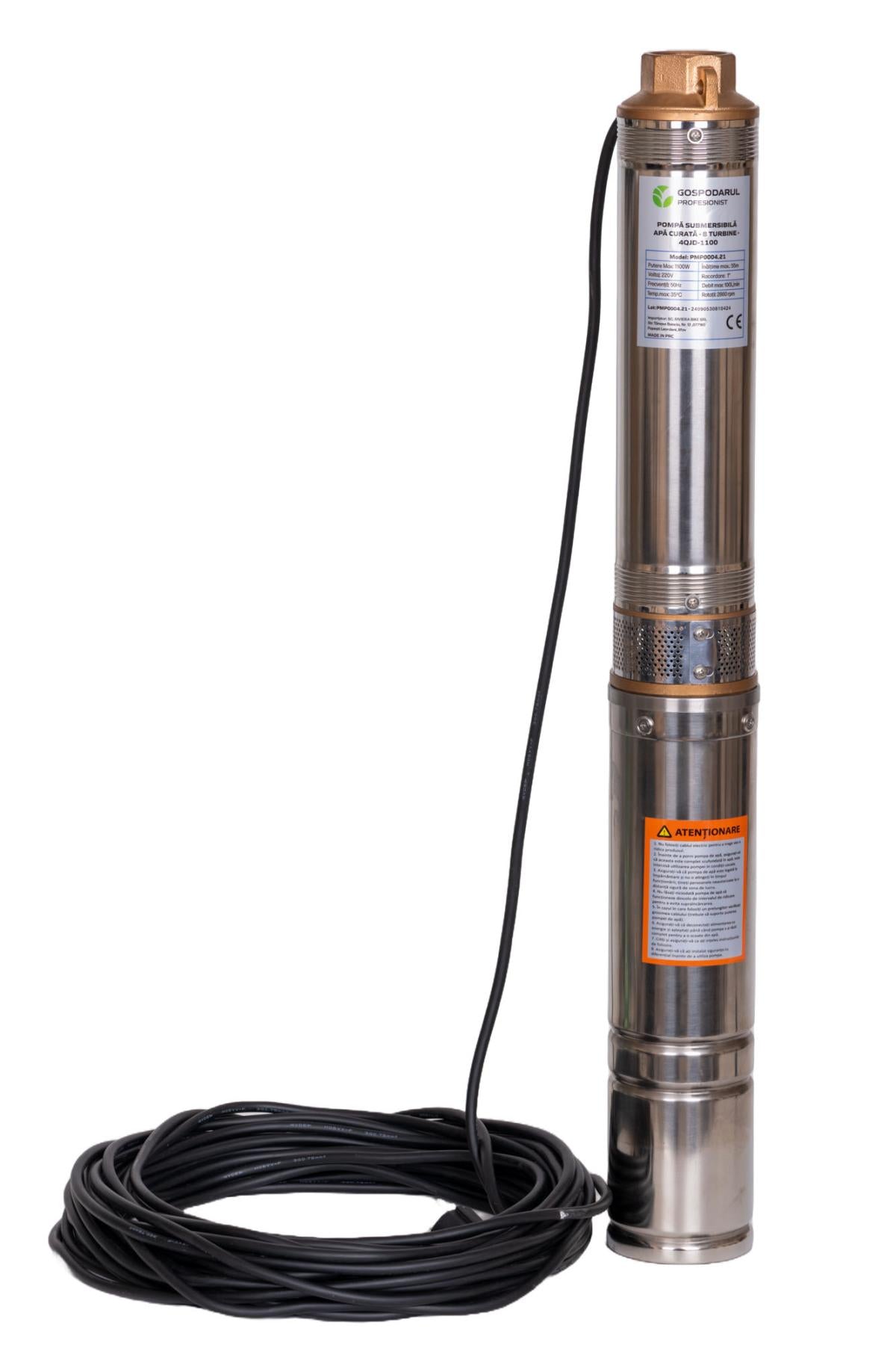 Pompa submersibila PROFESIONALA pentru apa curata Gospodarul Profesionist 4QJD-1100, 8 turbine POM, 1100W, 6000 l/h, cablu 25 m