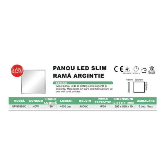 Panou LED 595x595x10 mm, 40W, 4100K