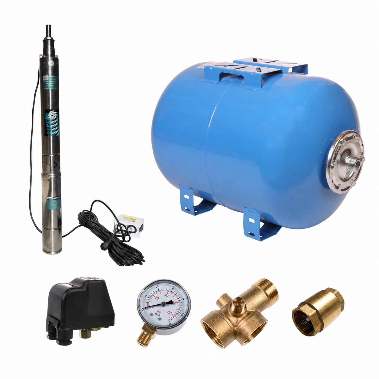 Kit hidrofor complet Brillo 100QJD5-70/8 cu butelie 50 L si accesorii