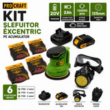Kit Slefuitor excentric pe acumulator ProCraft, 20v, 2Ah, 130000rpm, diametru 125mm, fara perii, include acumulator