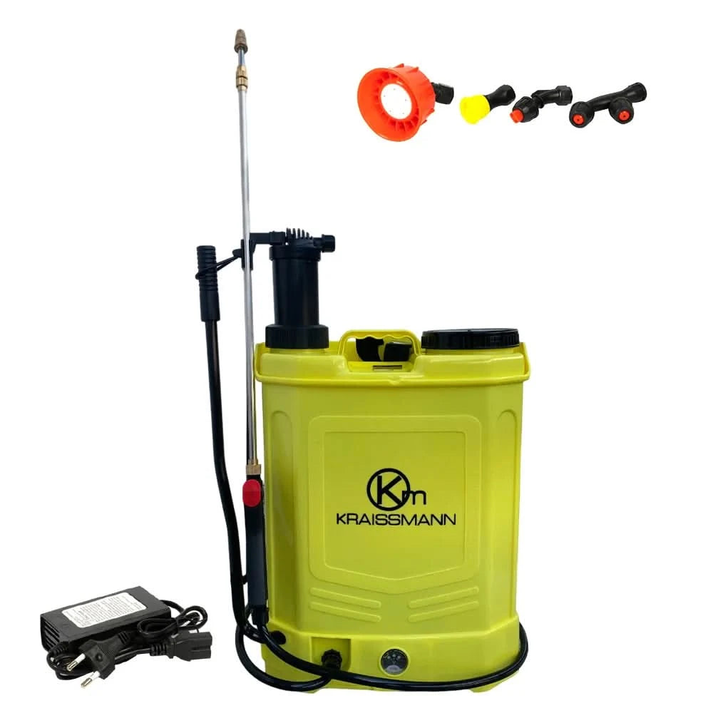 Pompa de stropit Kraissmann 16L 2 in 1, manuala si electrica, cu baterie reincarcabila 12V 8Ah, autonomie 25 plinuri, 5 capete pulverizare