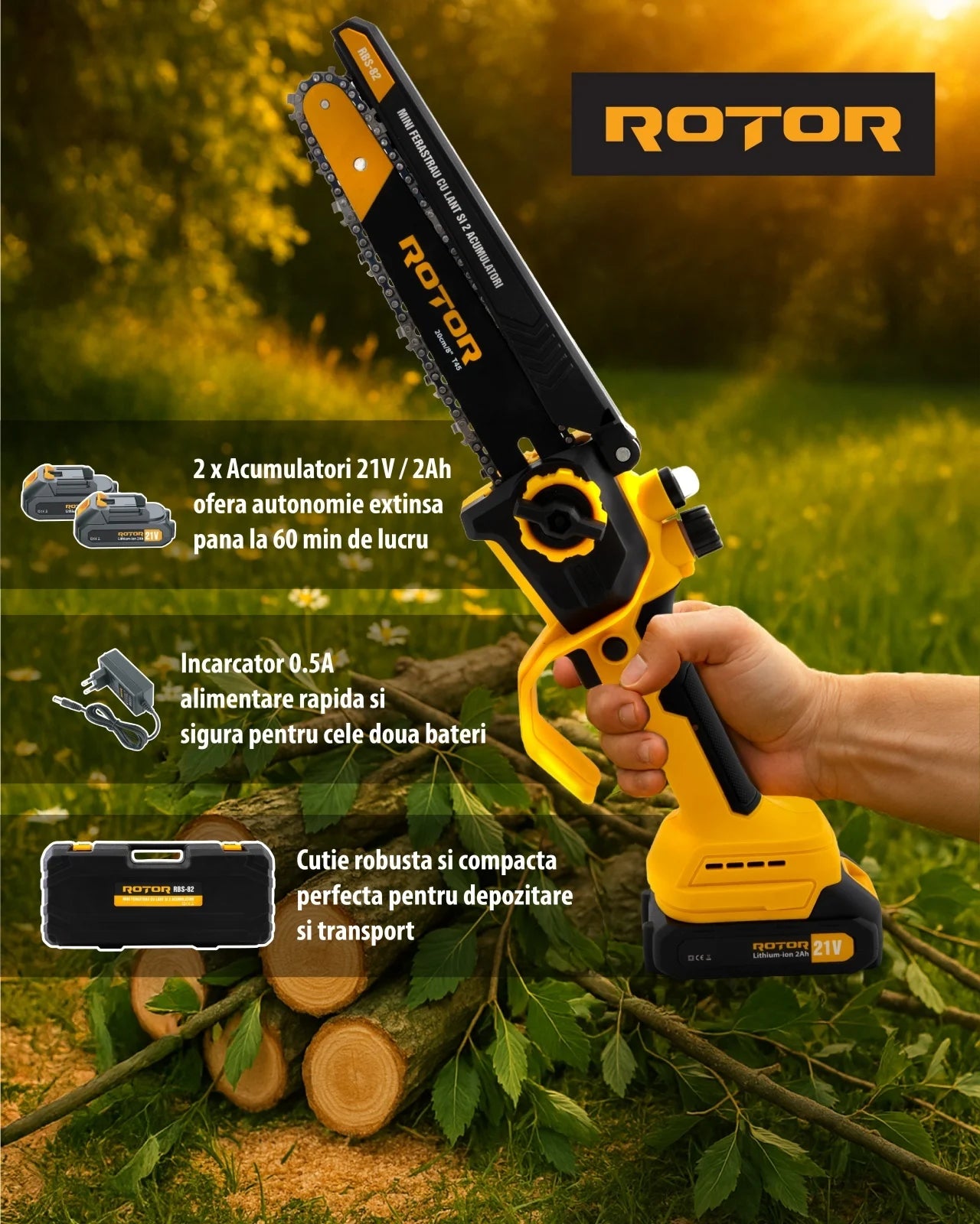 Mini drujba pe acumulator ROTOR RBS-82, 21V / 2Ah, Brushless, lama 20 cm, set complet cu 2 acumulatori si incarcator
