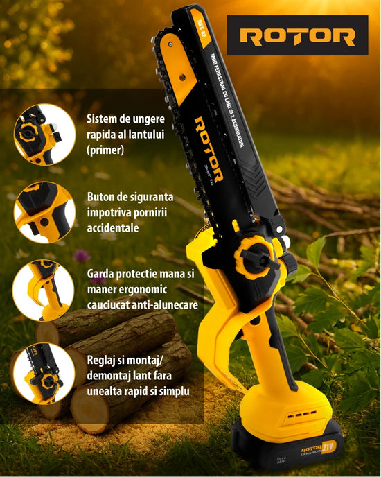 Mini drujba pe acumulator ROTOR RBS-82, 21V / 2Ah, Brushless, lama 20 cm, set complet cu 2 acumulatori si incarcator