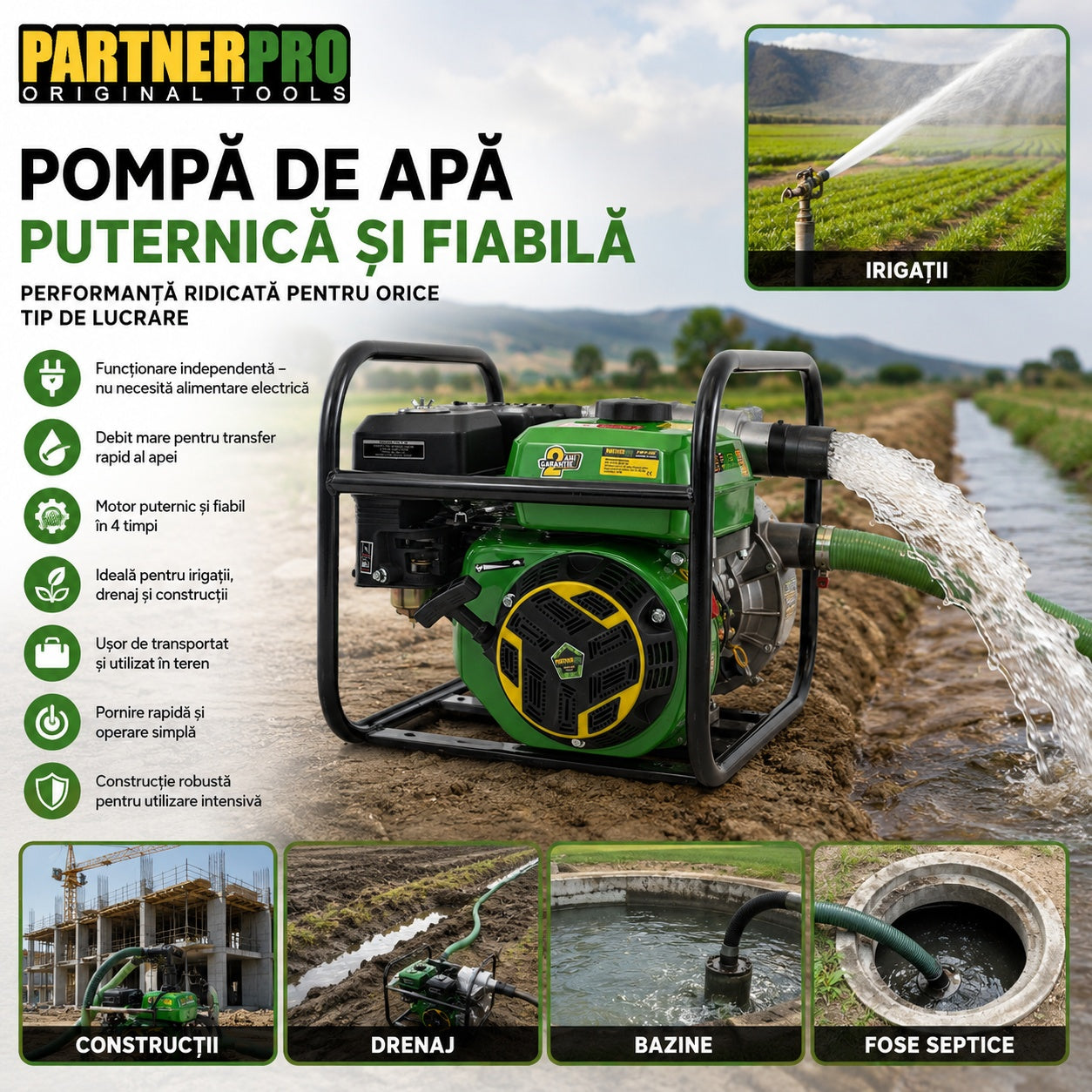 Motopompa pe benina PartnerPro, 6.5cp, 163cc, 4 timpi, 500l/min, capacitate rezervor 4l, inaltime refulare 26, adancime