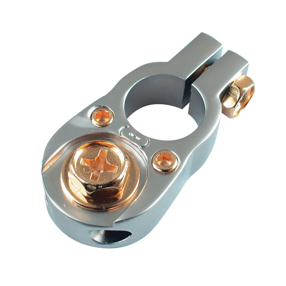 Racord acumulator auto negativ SS 1116/N, aurit, iesire dubla 10 mm² + M8, cu saibe Ø17 mm