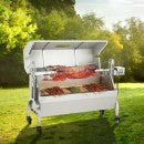 Gratar pe carbune cu rotisor electric 50W, capac, inox, suprafata 103.5x37.5 cm, inaltime reglabila, roti blocabile, termometru, 60 kg