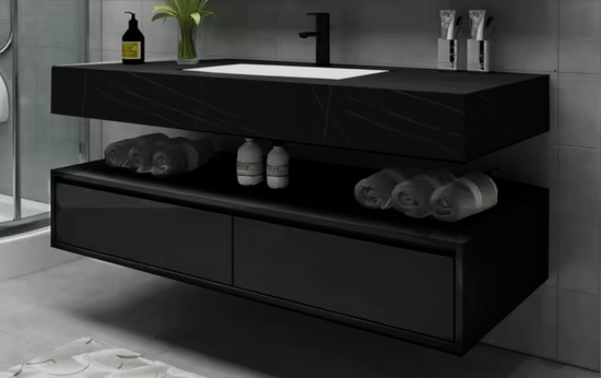 Set Baie NOVA Negru 100x50x15 cm, Oglinda LED, Lavoar Piatra Sinterizata