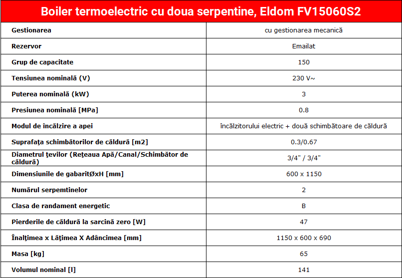 Boiler termoelectric cu doua serpentine, Eldom FV15060S2 , 3000W, 150 l