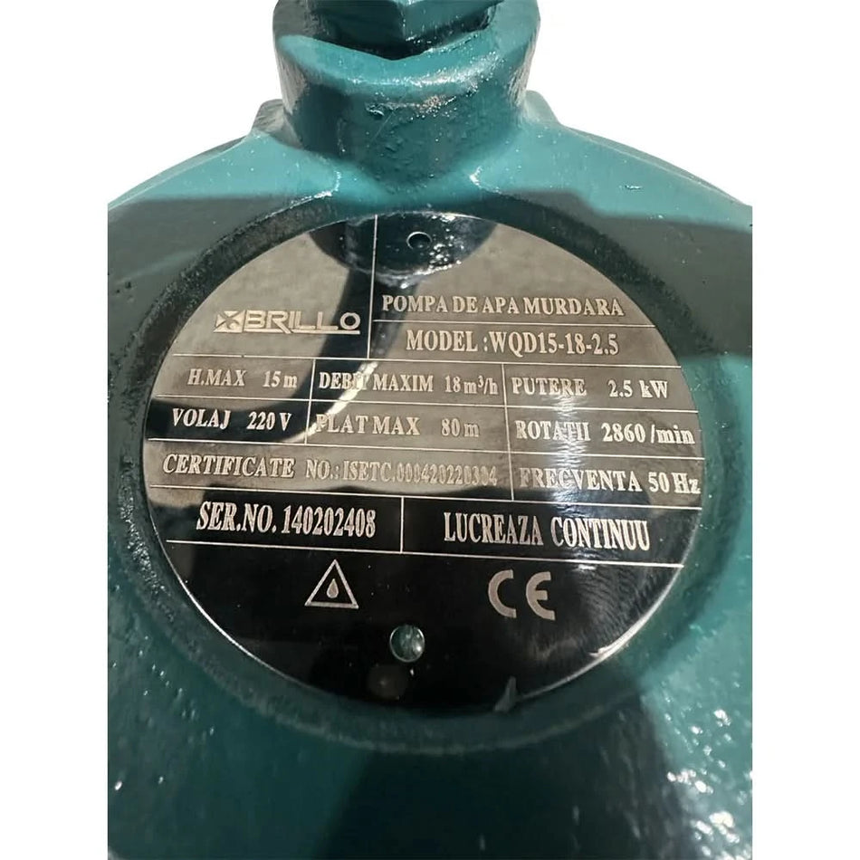 Pompa de apa murdara Brillo inox 2500W cu tocator interior – 18 m³/ora, 7 m adancime