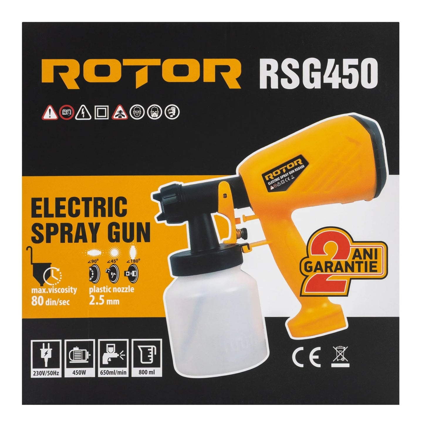 Pistol de vopsit ROTOR RSG450, 450W, 650 ml/min, rezervor 800 ml, duza 2.5 mm