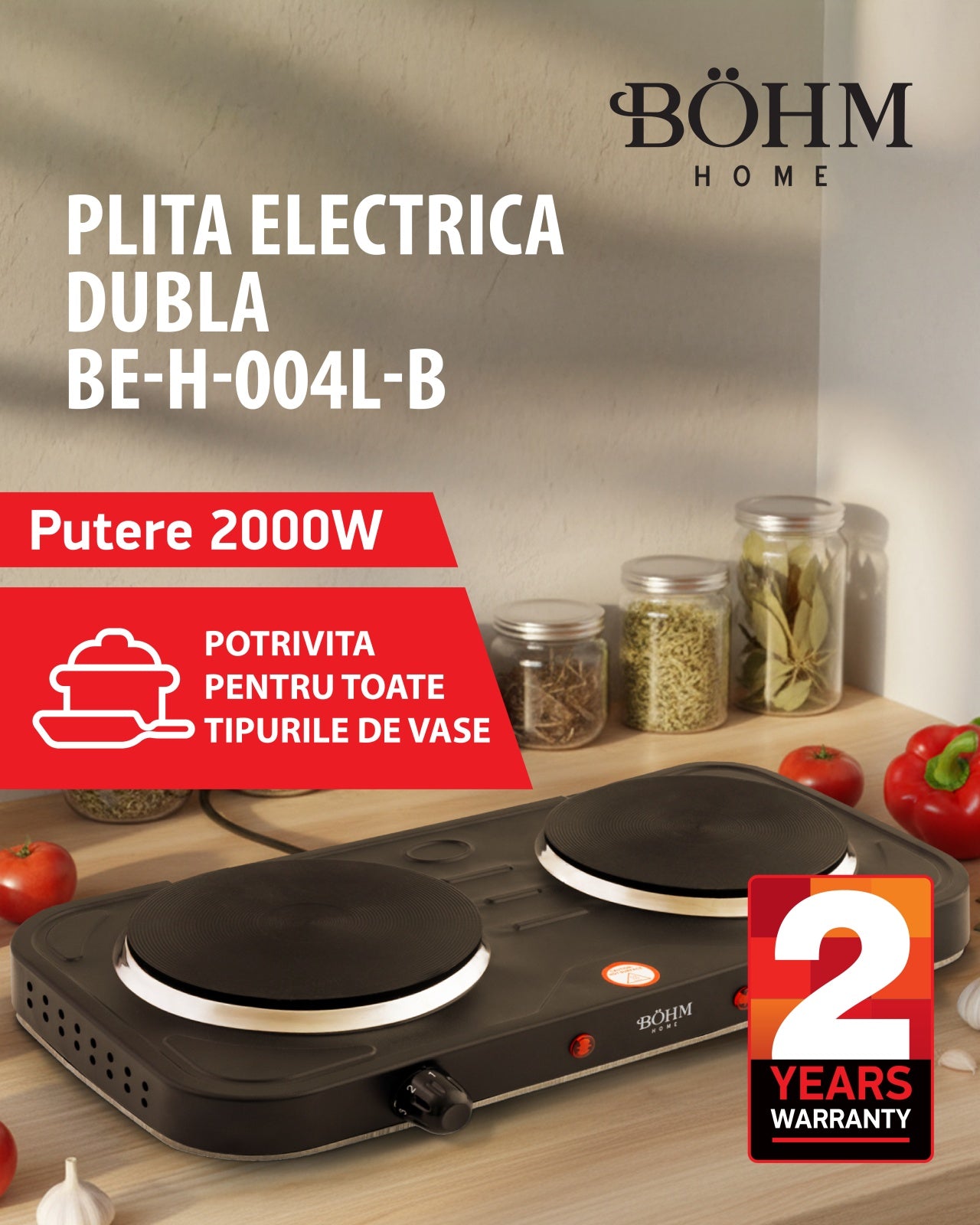 Plita Electrica Dubla Bohm BE-H-004L-B, 2 ochiuri, negru - imagine produs