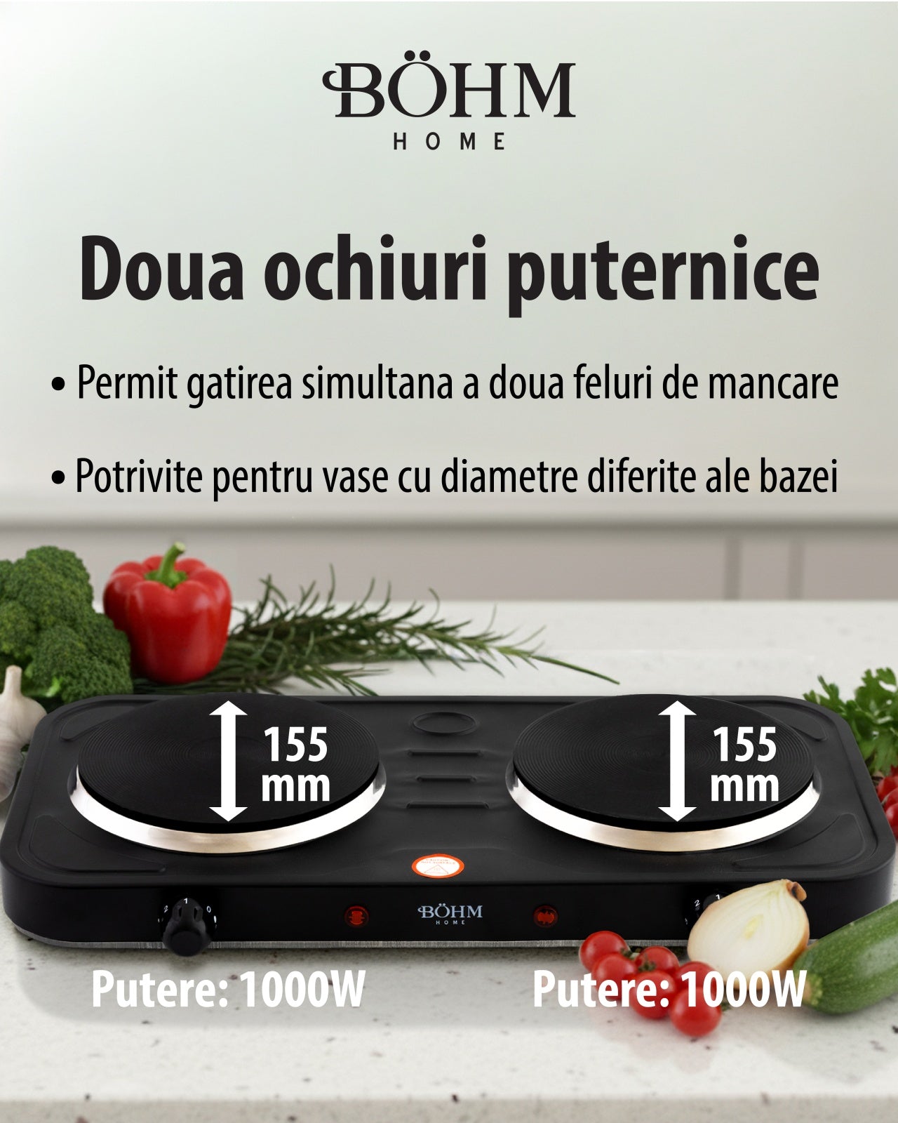 Plita Electrica Dubla Bohm BE-H-004L-B, 2 ochiuri, negru - detaliu 6