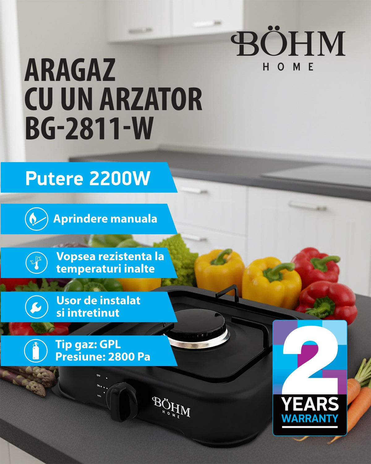 Plita Gaz 1 Arzator Bohm BG-2811-B, negru, pentru camping si uz casnic - imagine produs