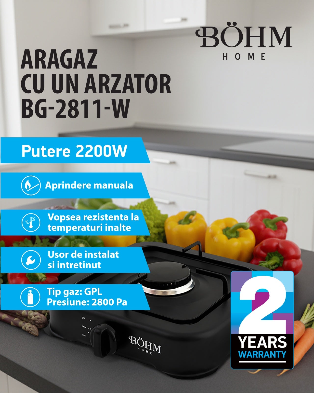 Plita Gaz 1 Arzator Bohm BG-2811-B, negru, pentru camping si uz casnic - imagine produs