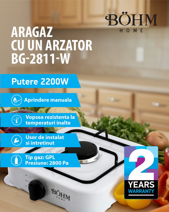 Plita Gaz 1 Arzator Bohm BG-2811-W, alb, pentru camping si uz casnic - imagine produs