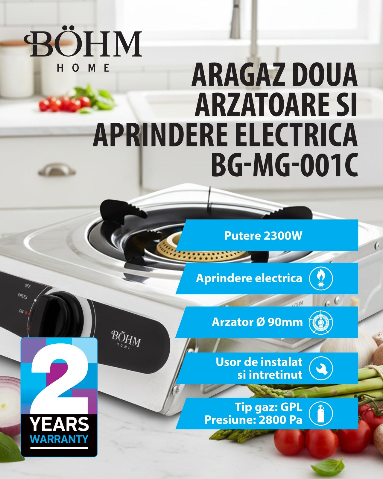 Plita Gaz 1 Arzator cu Aprindere Electrica Bohm BG-MG-001C, crom - imagine produs