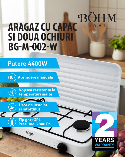 Plita Gaz 2 Arzatoare Bohm BG-M-002-W, 4.4kW, aprindere electrica, alb - imagine produs
