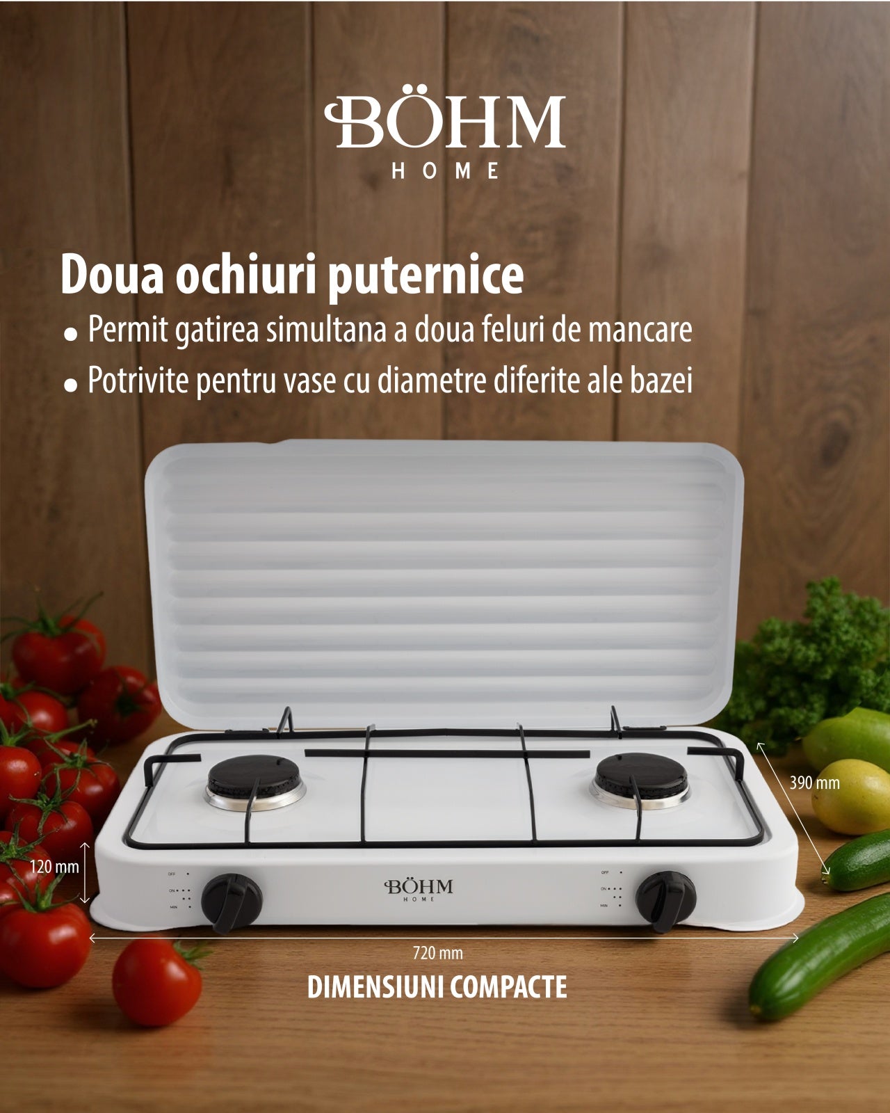 Plita Gaz 2 Arzatoare Bohm BG-M-002-W, 4.4kW, aprindere electrica, alb - detaliu 9