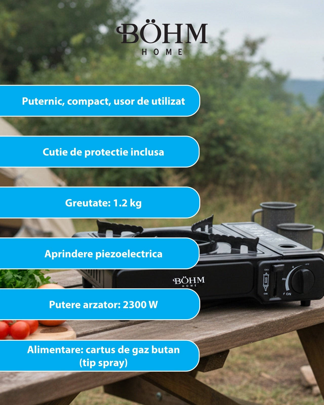 Plita Gaz Camping Bohm BG-K-001+L, GPL, 2.3kW, racord metalic inclus - detaliu 10