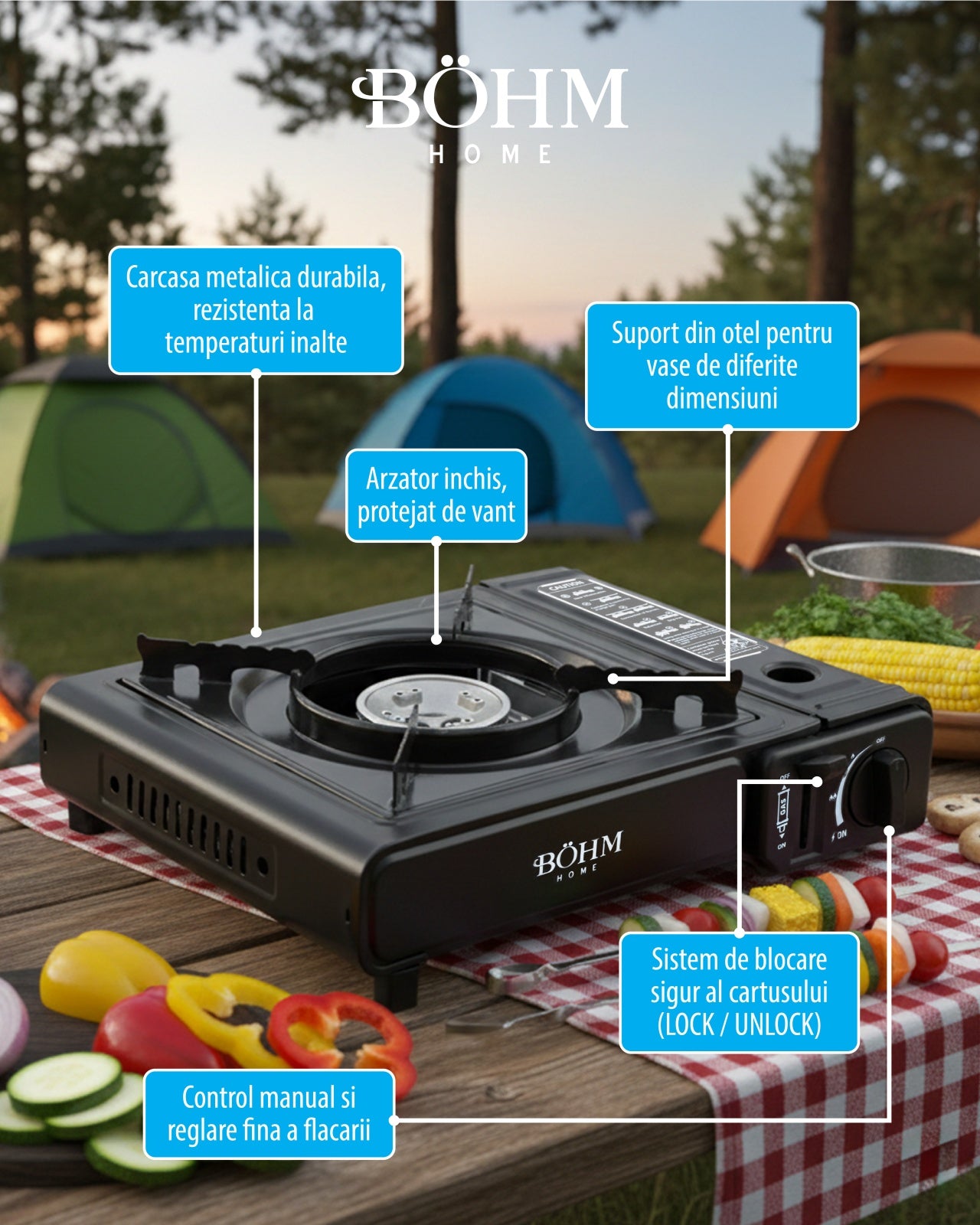 Plita Gaz Camping Bohm BG-K-001+L, GPL, 2.3kW, racord metalic inclus - detaliu 11