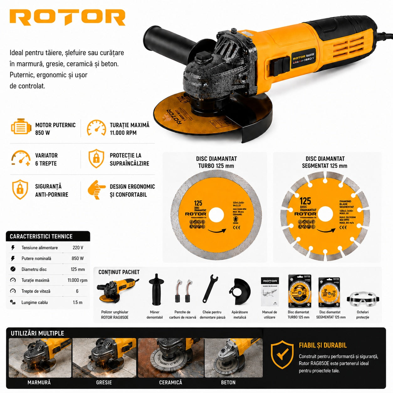 Polizor unghiular cu variator Rotor, 850w, 220v, 11000rpm, duametru 125mm, 6 trepte viteza, lungime cablu 1.5m, include