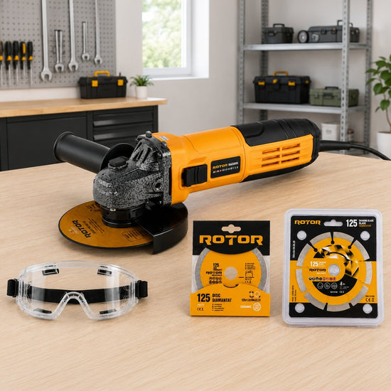 Polizor unghiular cu variator Rotor, 850w, 220v, 11000rpm, duametru 125mm, 6 trepte viteza, lungime cablu 1.5m, include
