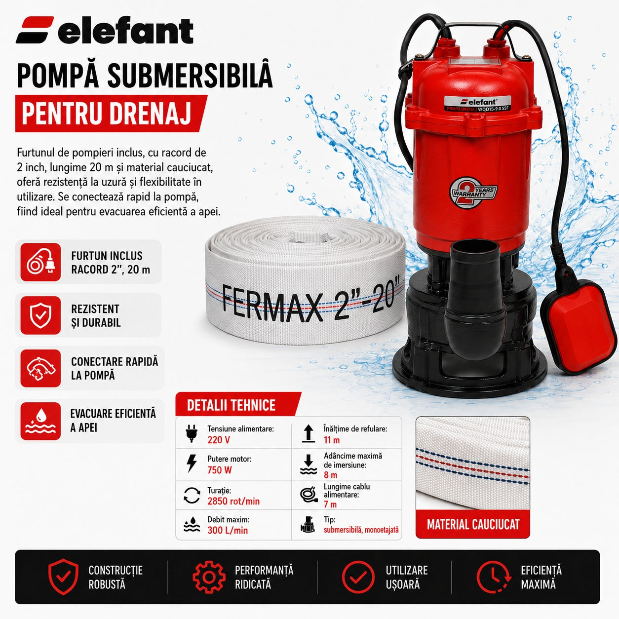 Pompa submersibila apa murdara cu tocator Elefant, 750w, 220v, 2850rpm, 300l/min, inaltime de refulare 11m, adancime maxima