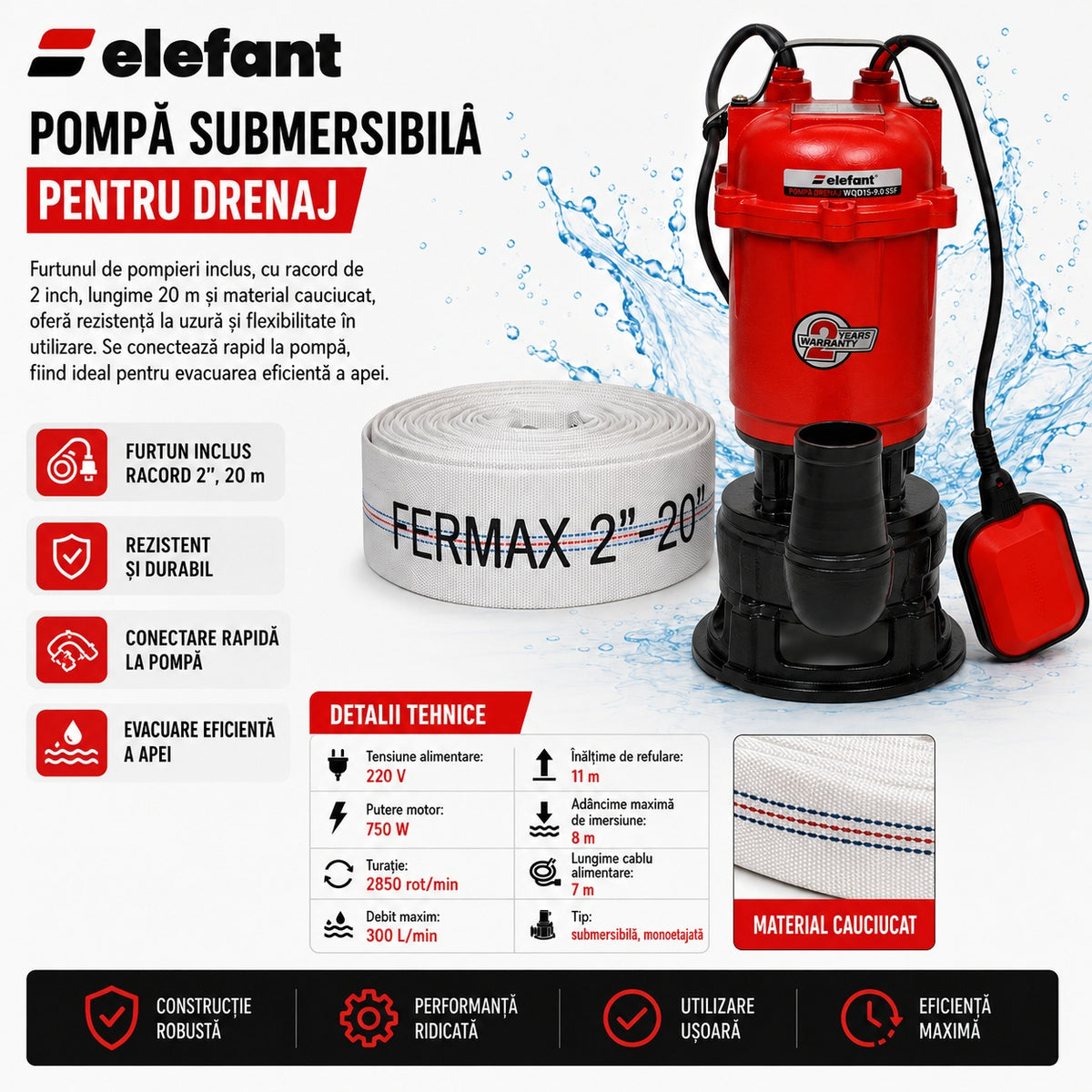 Pompa submersibila apa murdara cu tocator Elefant, 750w, 220v, 2850rpm, 300l/min, inaltime de refulare 11m, adancime maxima