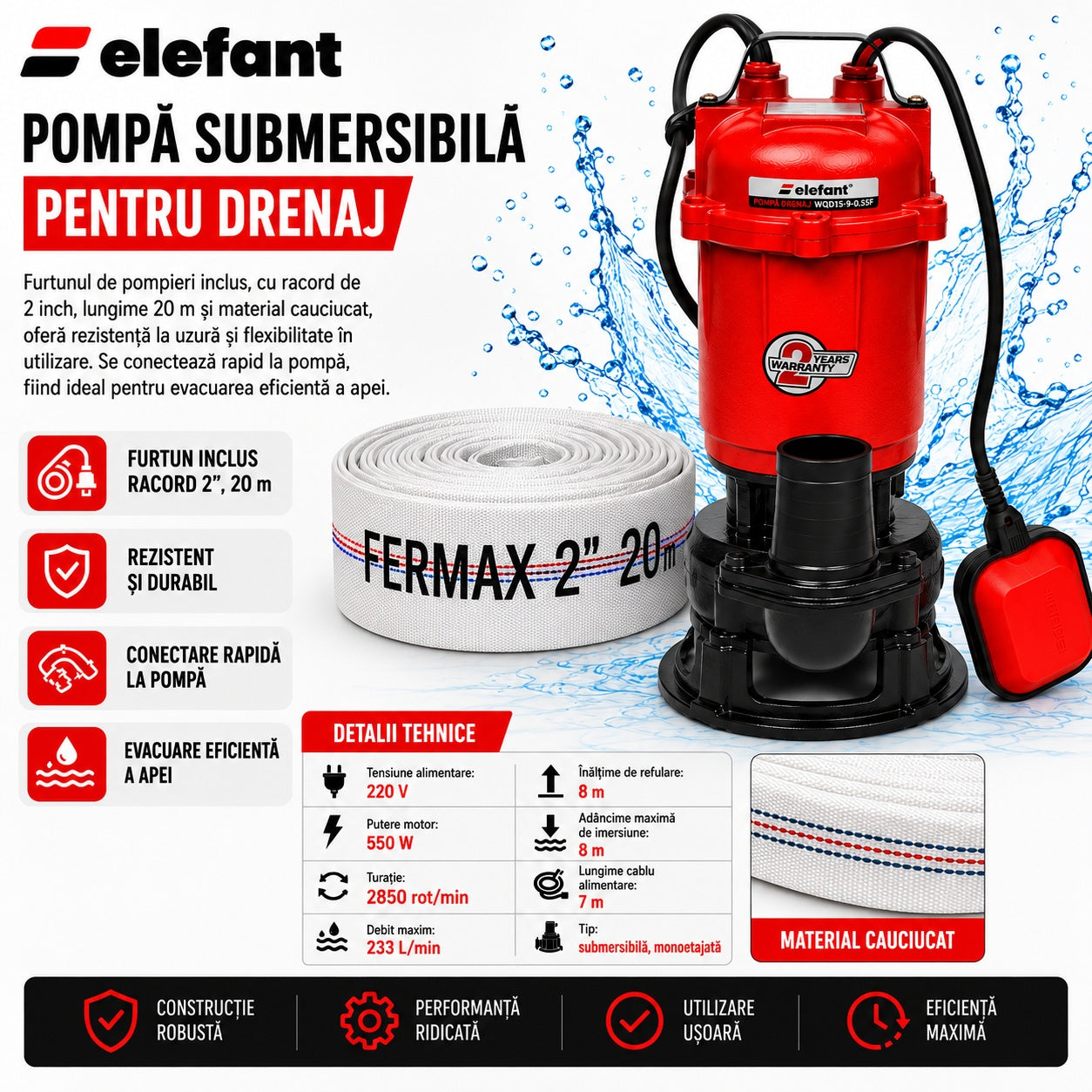 Pompa submersibila apa murdara Elefant, 550w, 220v, 2850rpm, 233 l/min, inaltime refulare 8m, adancime maxima de imersiune