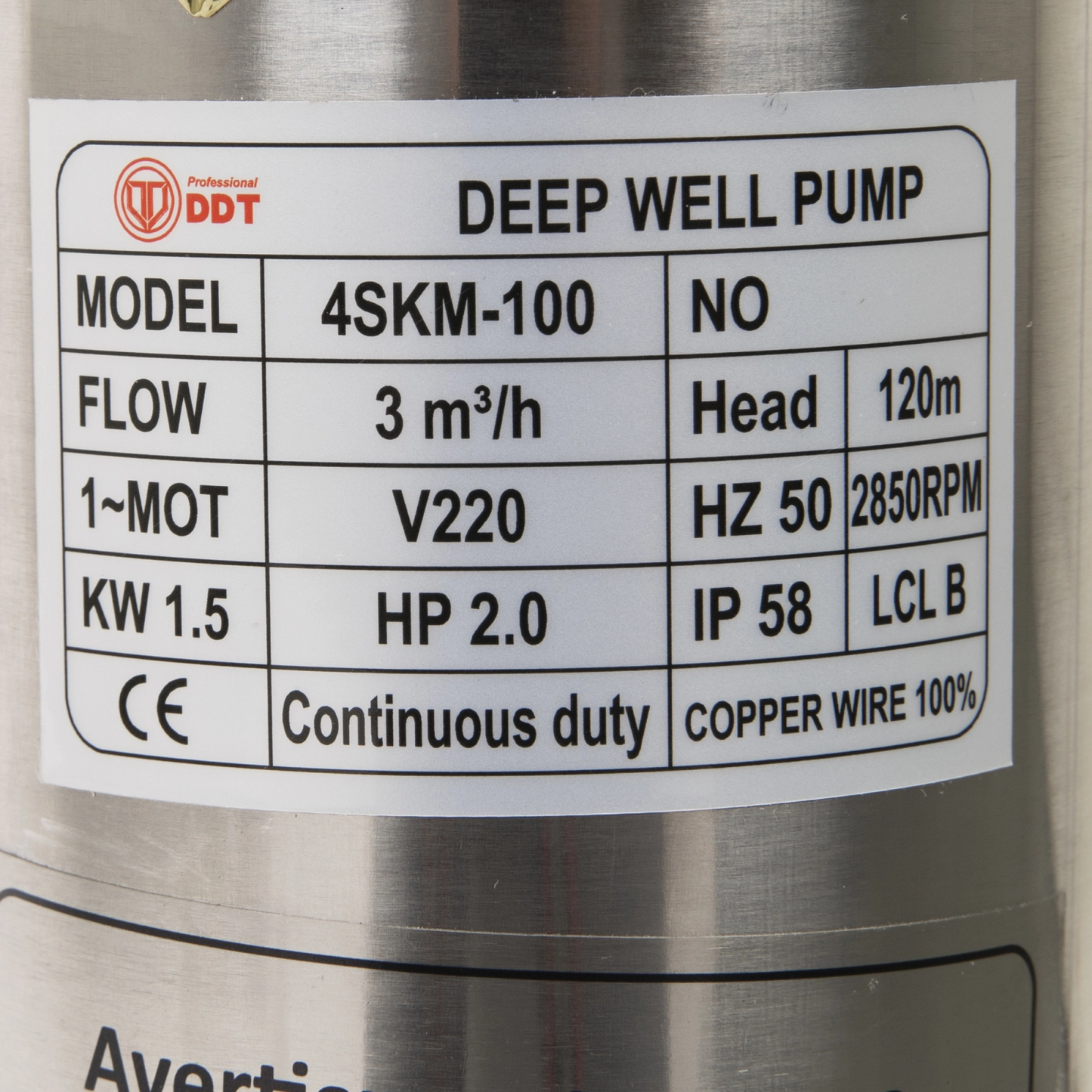 Pompa Submersibila DDT Professional 4SKM-100, 1.5 kW, Debit 3 m³/h - Performanta si Fiabilitate pentru Apa Curata