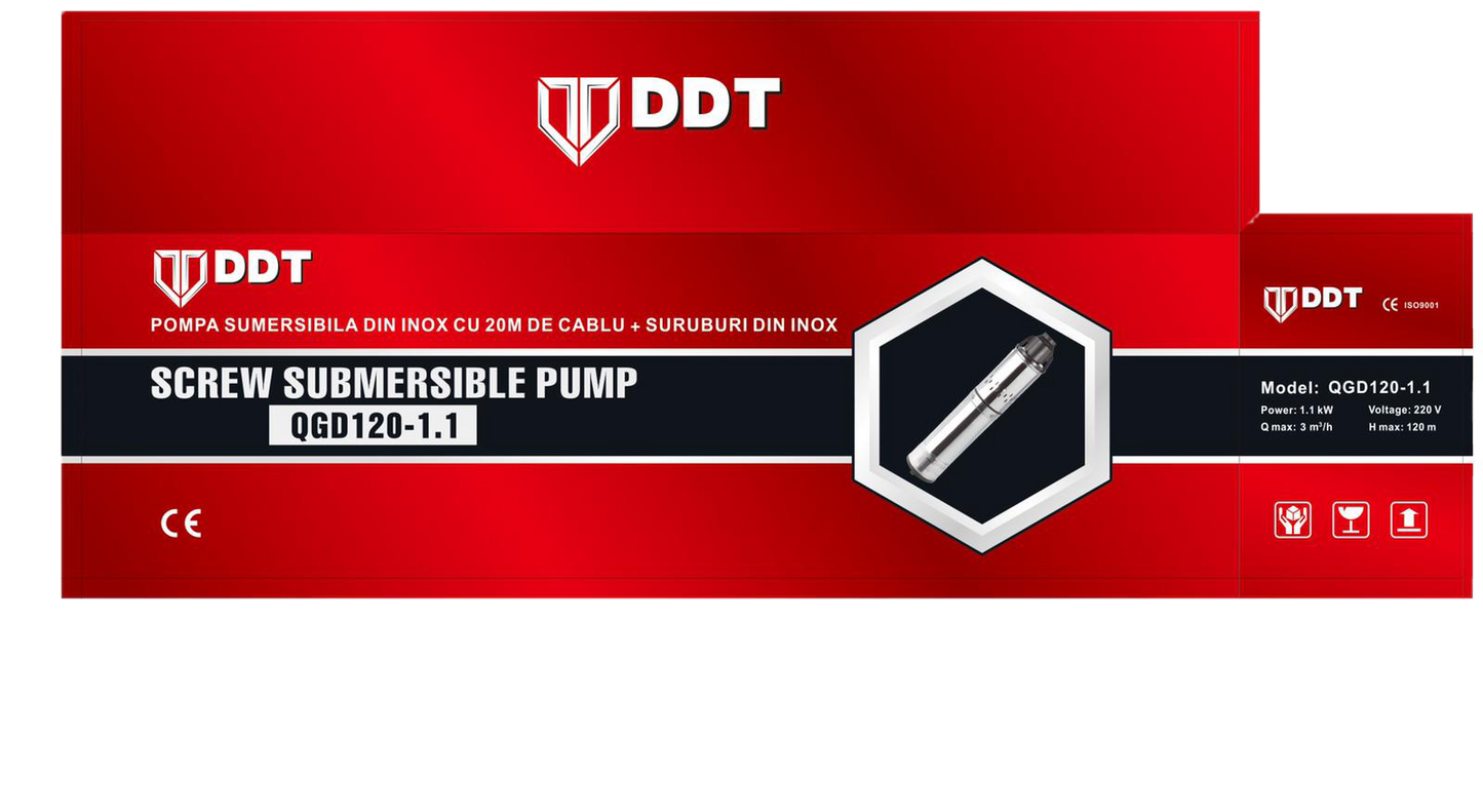 Pompa Submersibila DDT QGD120 Inox, 1100W, 120m Inaltime, Debit 3 m³/h, 20m Cablu