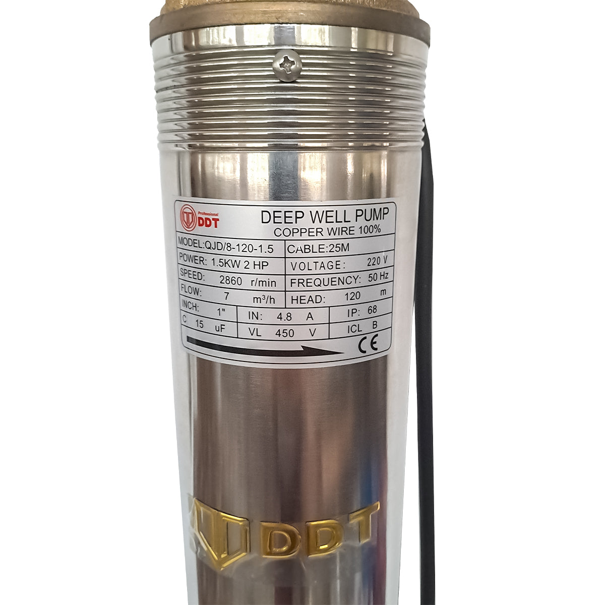 Pompa Submersibila de Adancime DDT 4QJD2-8, 1500W, 8 Turbine, 120m Inaltime, Debit 7 mc/h, 1", 25m Cablu