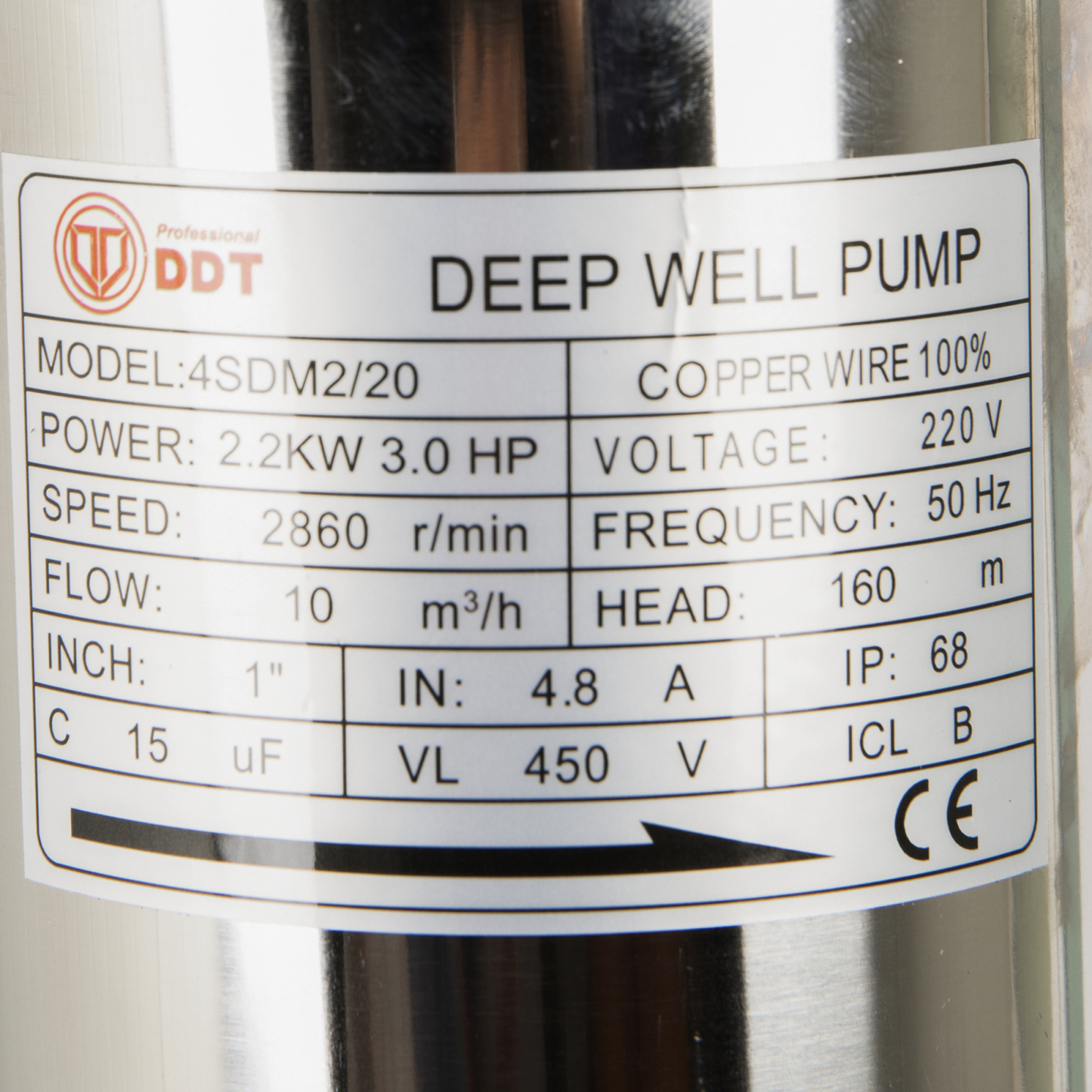 Pompa Submersibila Mare Adancime DDT 4SDM2-20, 20 Turbine, 2200W, 160m Inaltime, 10 mc/h, 1.5"