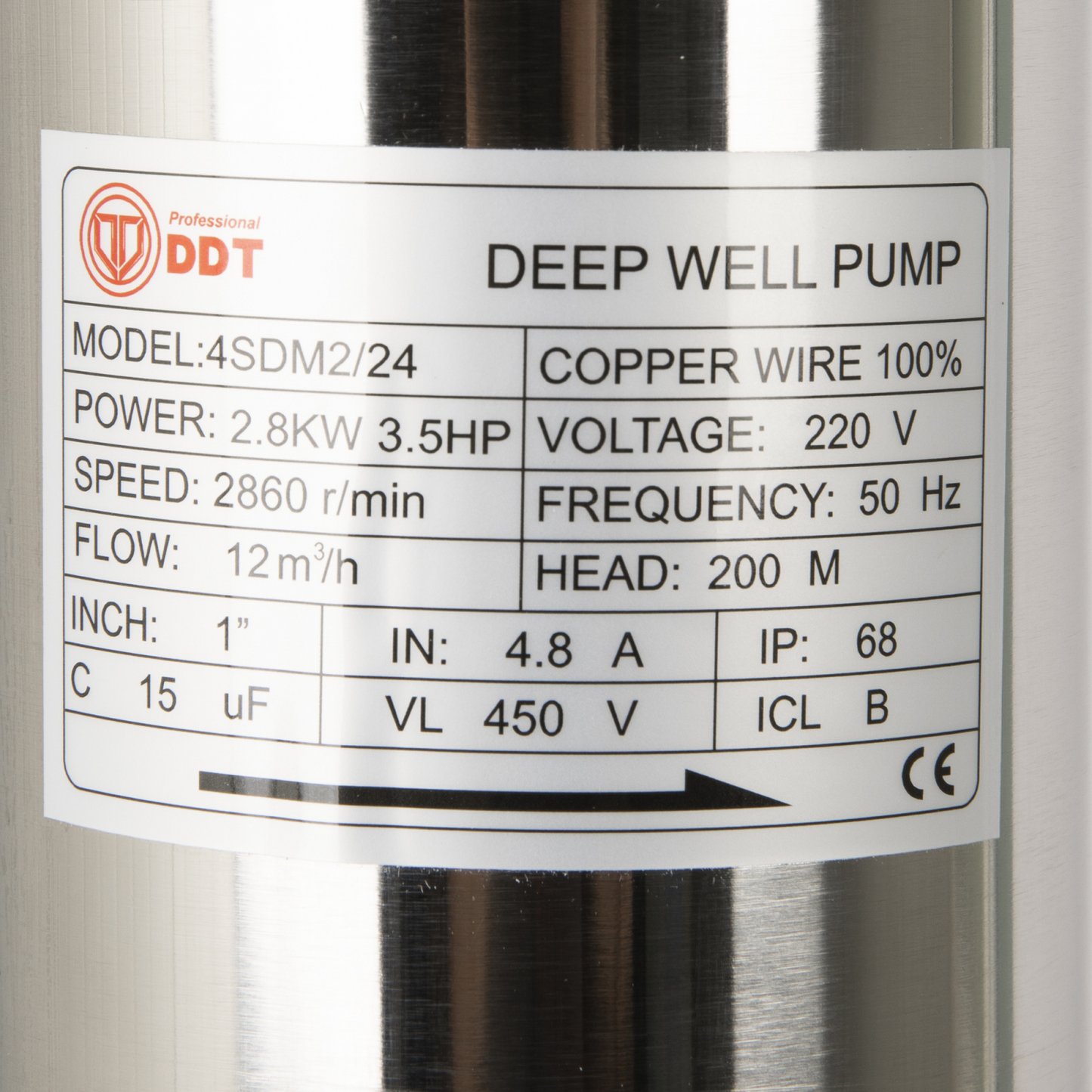 Pompa Submersibila de Mare Adancime DDT 4SDM2-24, 24 Turbine, 2800W, 200m Inaltime, Debit 12 mc/h, 1.5"