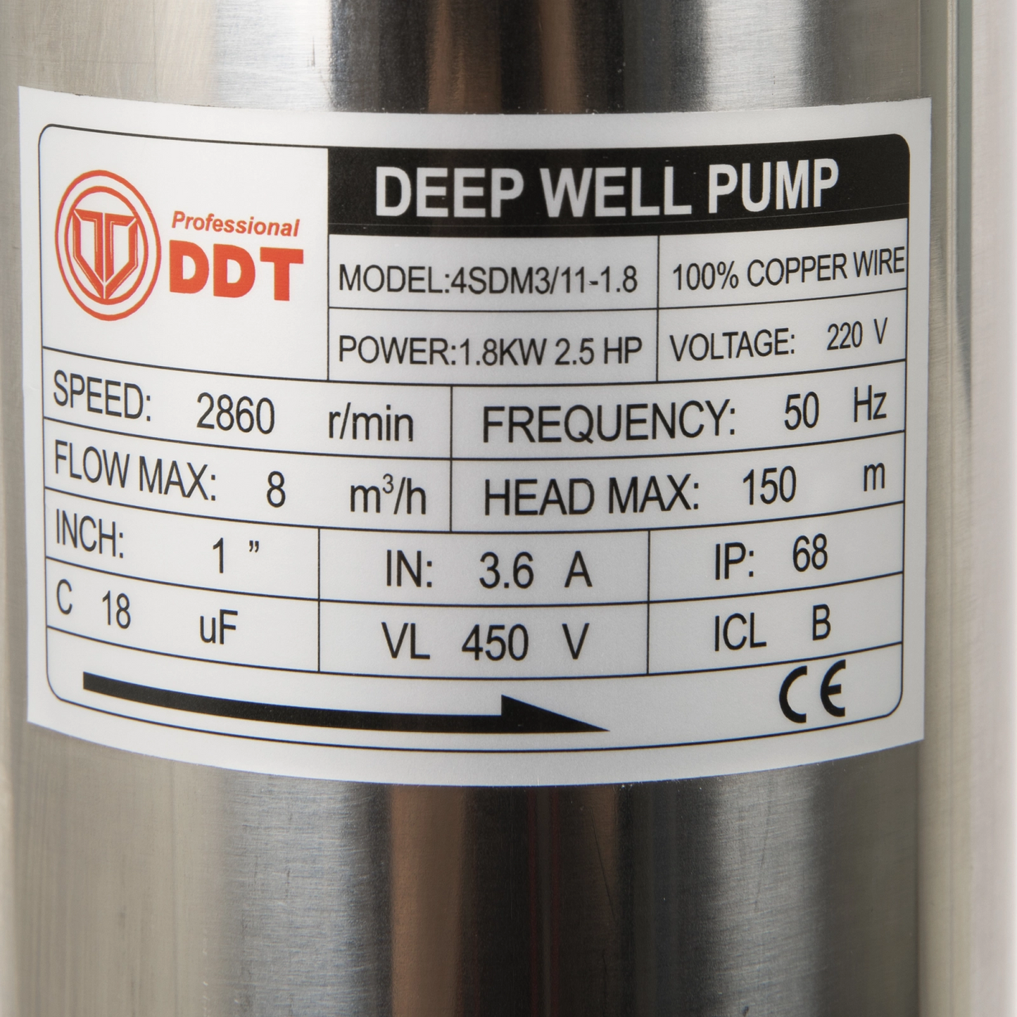 Pompa Submersibila de Mare Adancime DDT 4SDM3-11, 11 Turbine, 1800W, 150m Inaltime, Debit 8 m³/h, 1.25", 30m Cablu