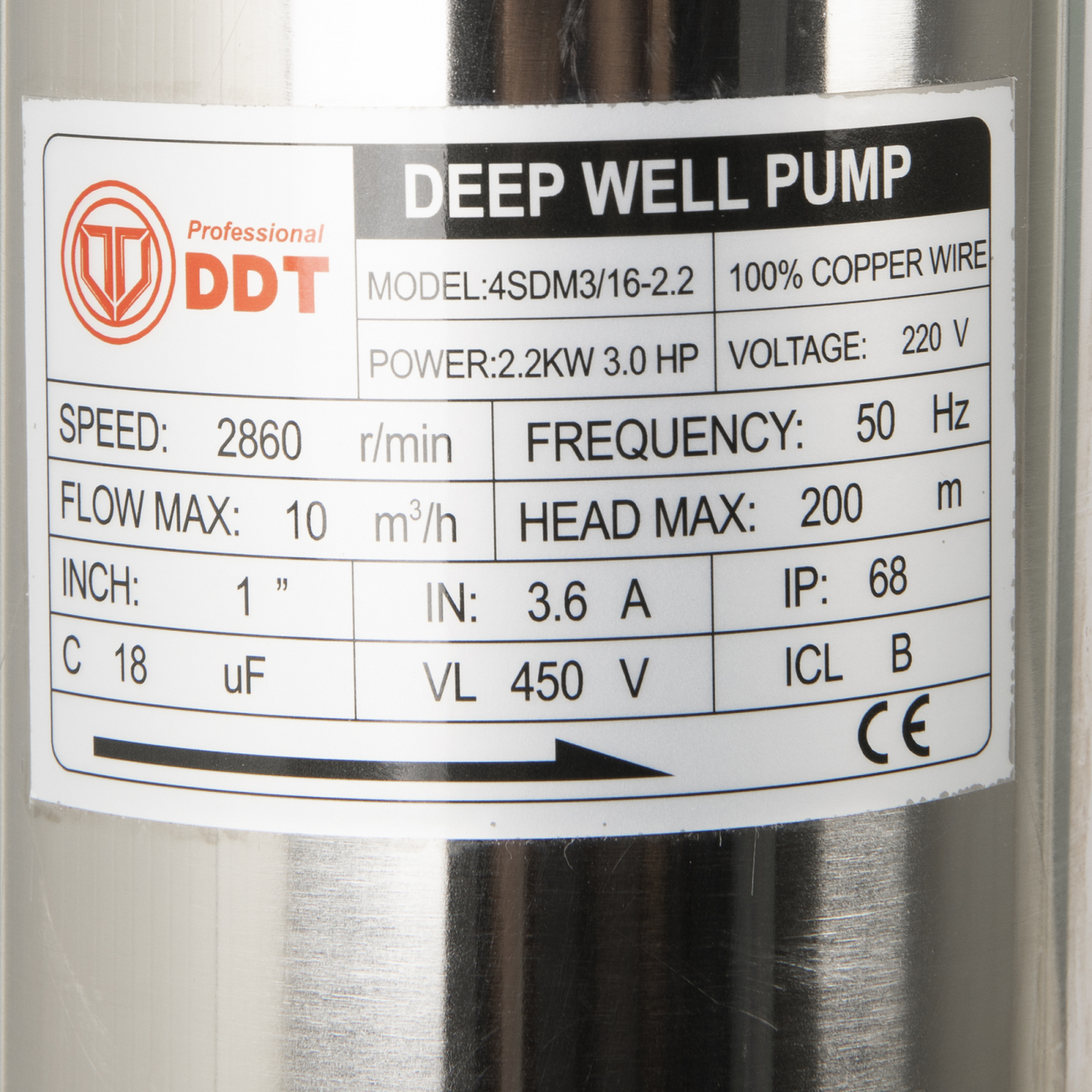 Pompa Submersibila Mare Adancime DDT 4SDM3-16, 16 Turbine, 2200W, 200m Inaltime, Debit 10 m³/h, 1.25", 30m Cablu