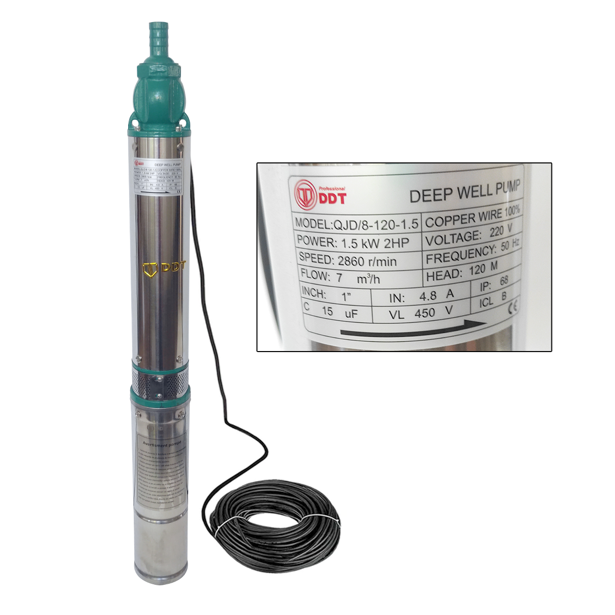 Pompa Submersibila de Mare Adancime  DDT Professional QJD120-1.5, 1500W, Inox, 8 Turbine, 15m Cablu