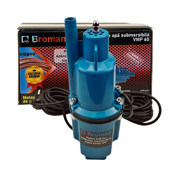 Set Pompa submersibila pe vibratii Broman 350W, 80m + Furtun gradina PVC 3/4 inch, 50m