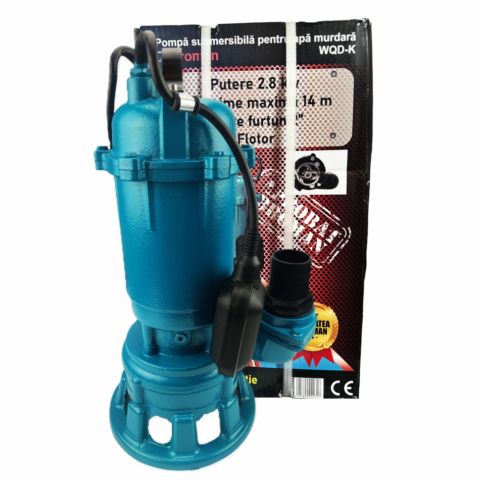 Pachet Pompa submersibila BROMAN WQCD 2.8 kW cu tocator si flotor + Furtun refulare plat PVC 2" 50 m