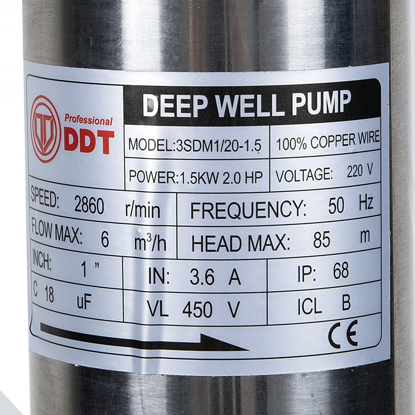 Pompa Submersibila Inox DDT Professional 3SDM3/20, 1500W, Debit 6 mc/h