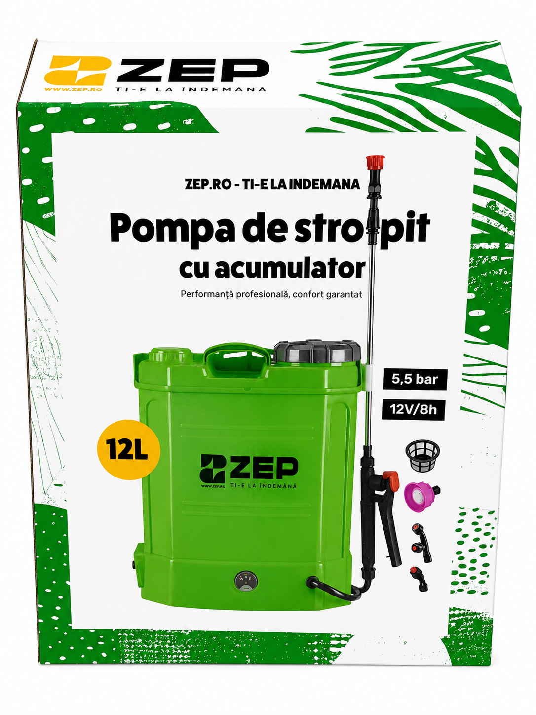 Pompa de Stropit cu Acumulator ZEP, 12L, 8Ah, 5.5 Bar, Lance Inox Telescopica 80cm