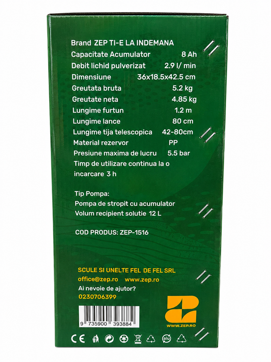 Pompa de Stropit cu Acumulator ZEP, 12L, 8Ah, 5.5 Bar, Lance Inox Telescopica 80cm
