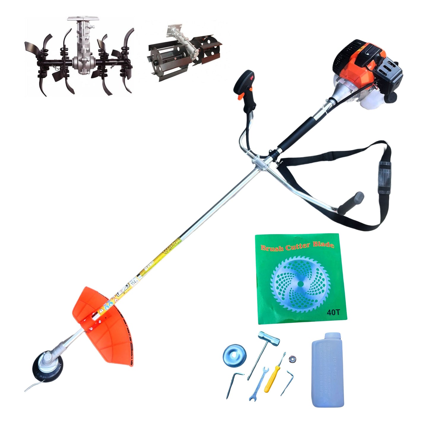 Pachet Motocoasa pe benzina ZEP TITAN 5.9CP, 52cc, 2T, 9000RPM, cu tambur, disc, cultivator si prasitoare