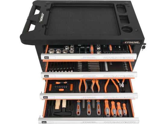 Dulap de scule STHOR cu 6 sertare, 302 piese, otel CrV, inchidere centralizata, blat antiderapant, roti cu frana