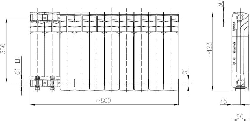 Radiator (calorifer) din aluminiu Fornello G350F, 10 elementi, inaltime 350 mm